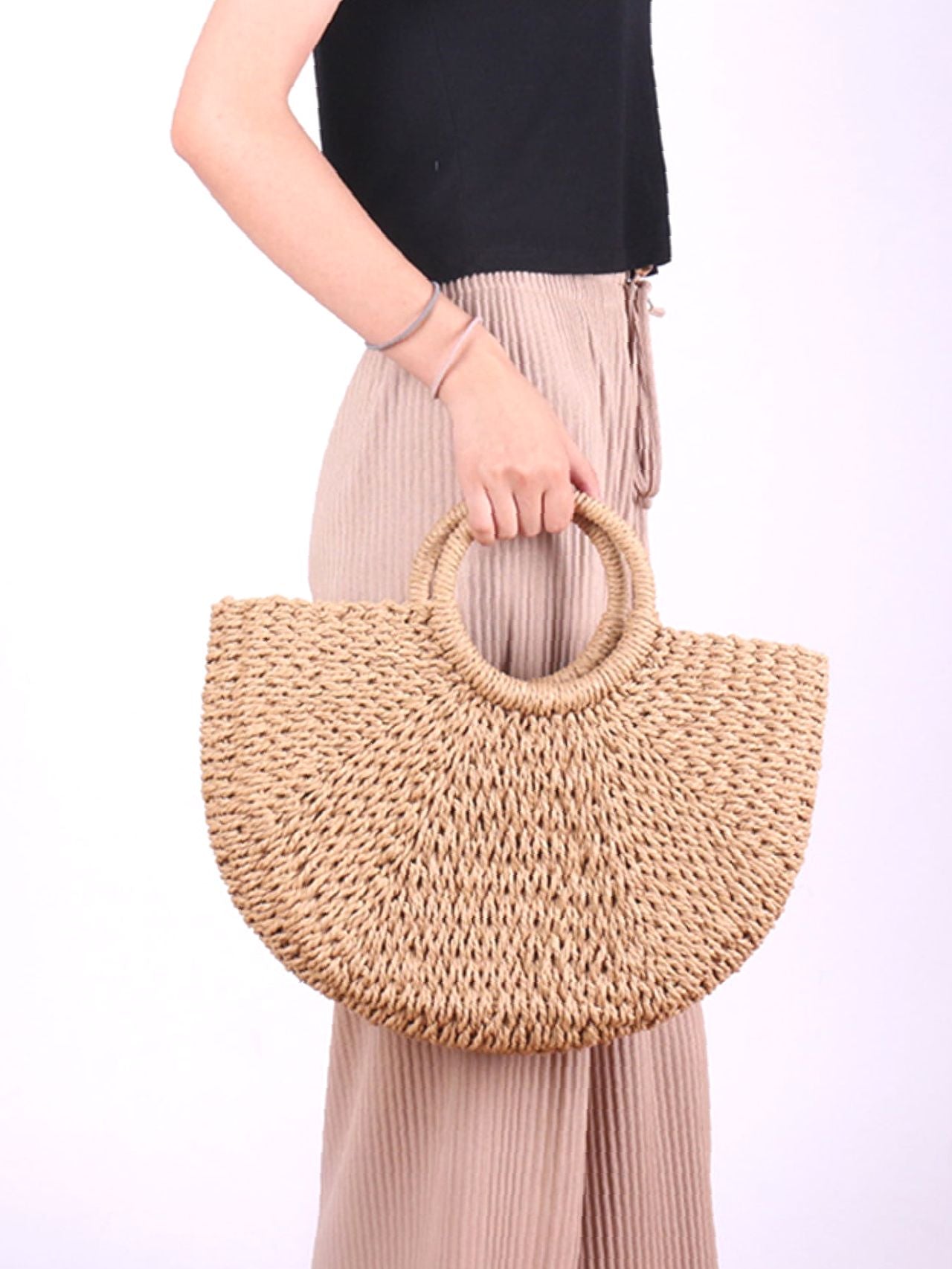 Futurecen - Ring Handle Design Straw Bag  - Women Tote Bags