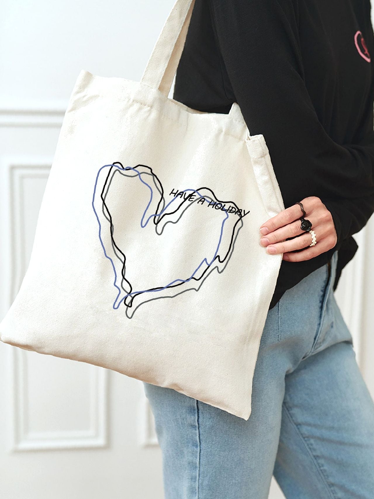 Futurecen - Heart & Slogan Graphic Shopper Bag  - Women Tote Bags