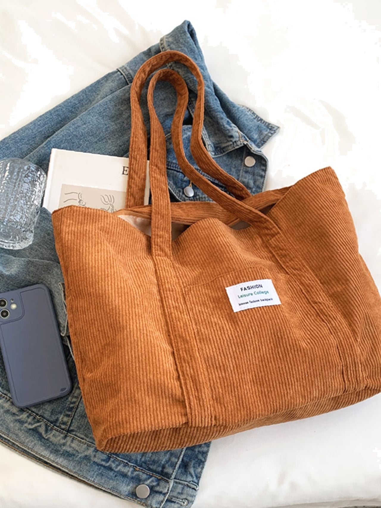 Futurecen - Letter Patch Corduroy Tote Bag  - Women Tote Bags