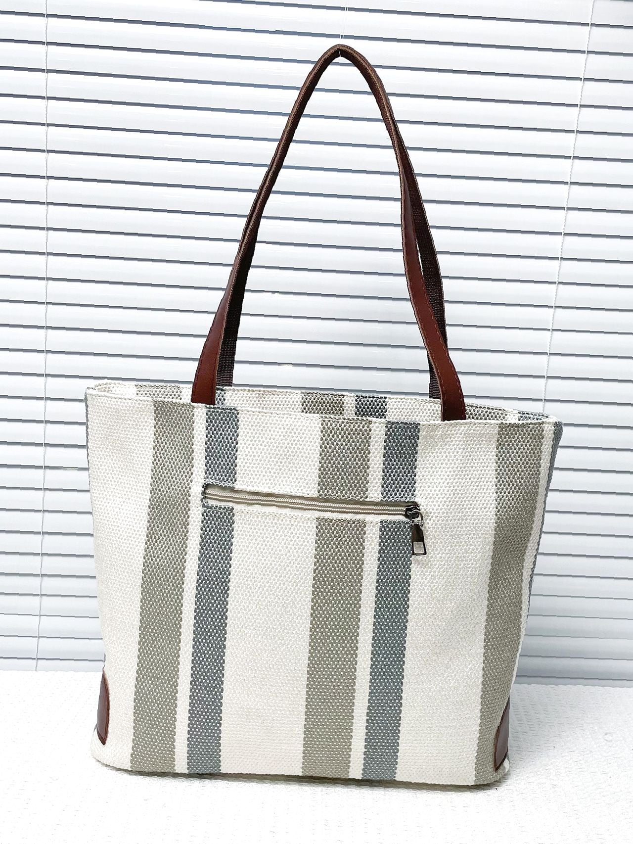 Futurecen - Striped Pattern Letter Patch Shoulder Tote Bag  - Women Tote Bags