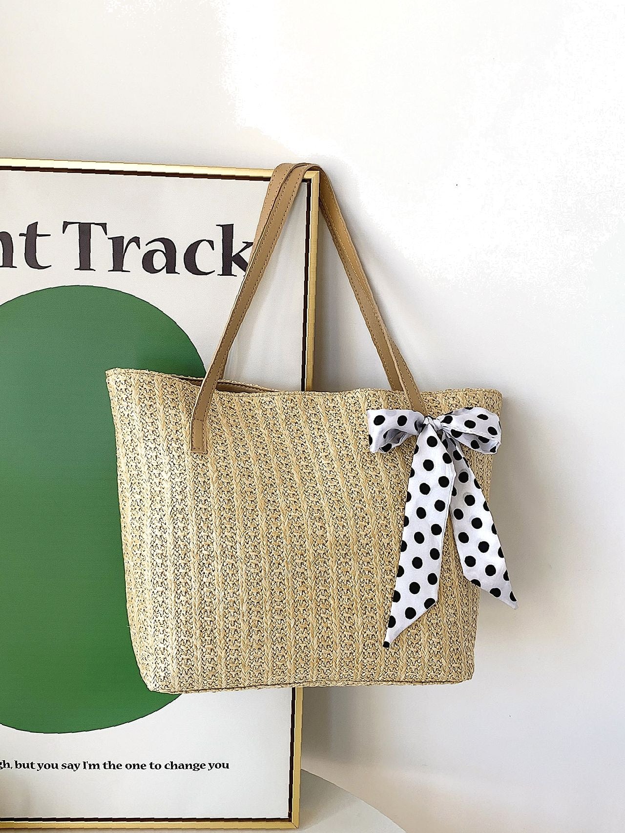 Futurecen - Polka Dot Bow Decor Straw Bag  - Women Tote Bags