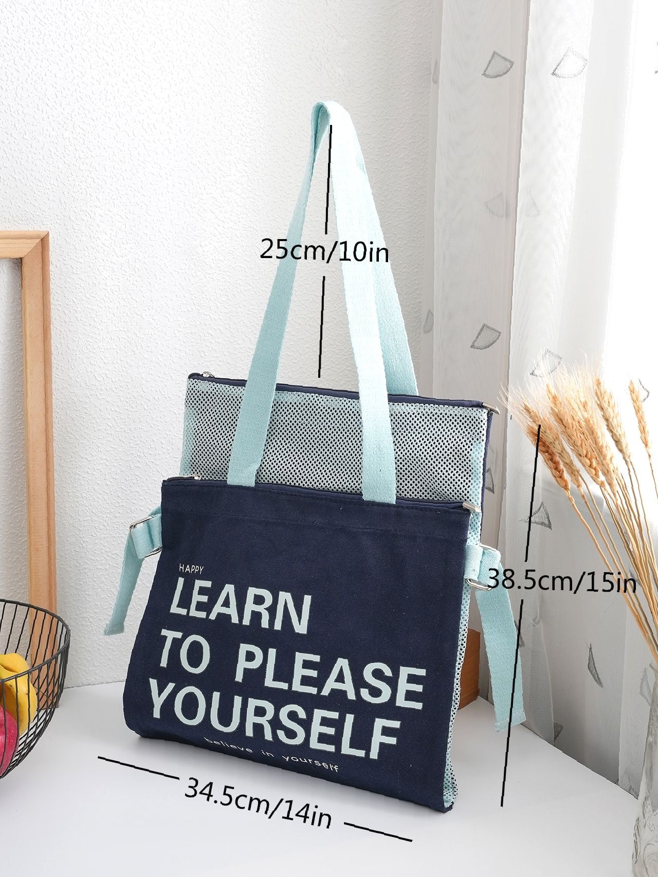 Futurecen - Slogan Graphic Mesh Panel Shoulder Tote Bag  - Women Tote Bags