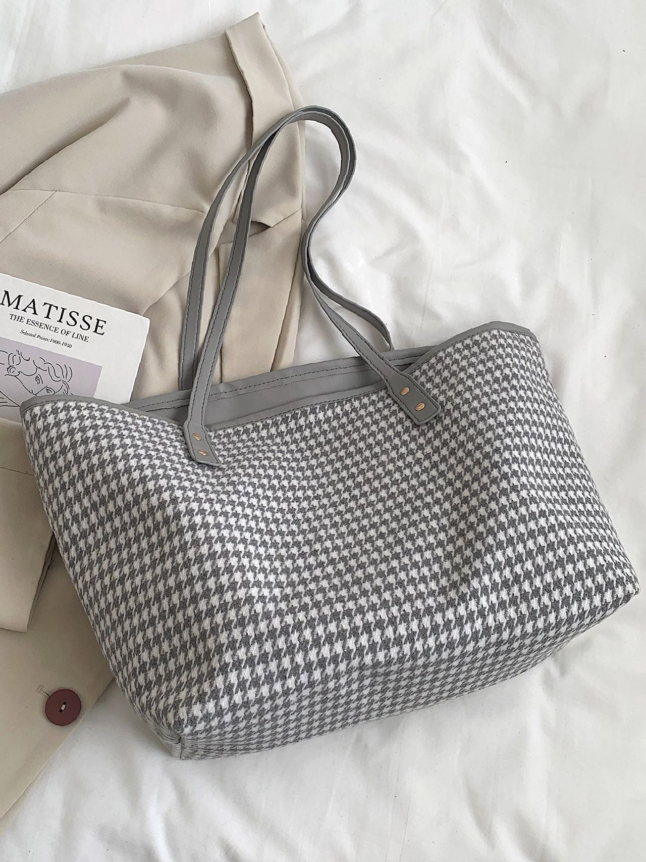 Futurecen - Houndstooth Pattern Shoulder Tote Bag  - Women Tote Bags