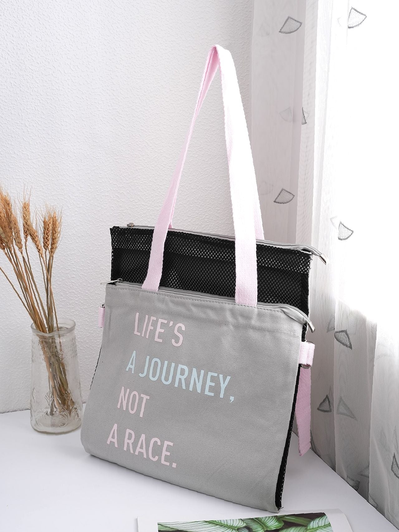 Futurecen - Letter Graphic Colorblock Shopper Bag  - Women Tote Bags