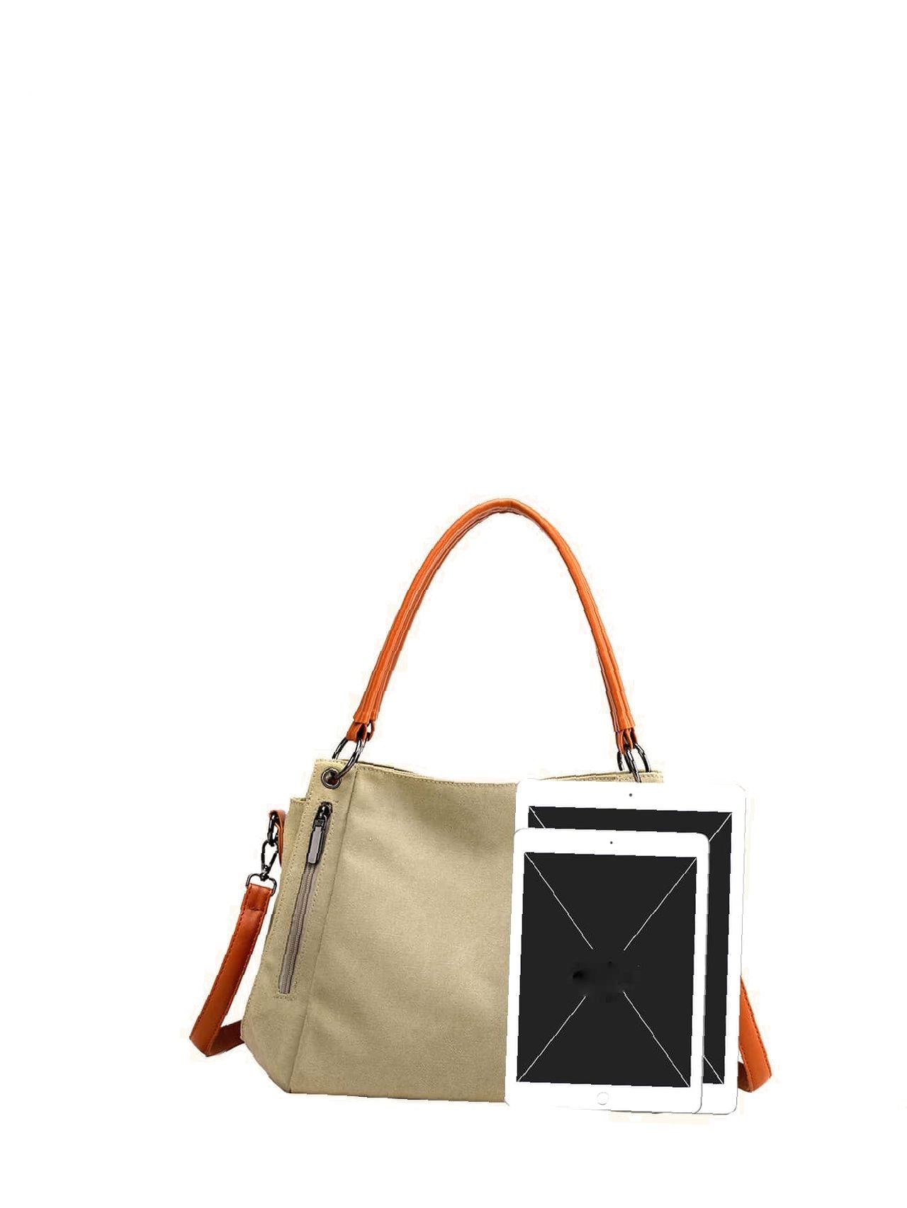 Futurecen - Zipper Decor Two Tone Shoulder Tote Bag  - Women Tote Bags