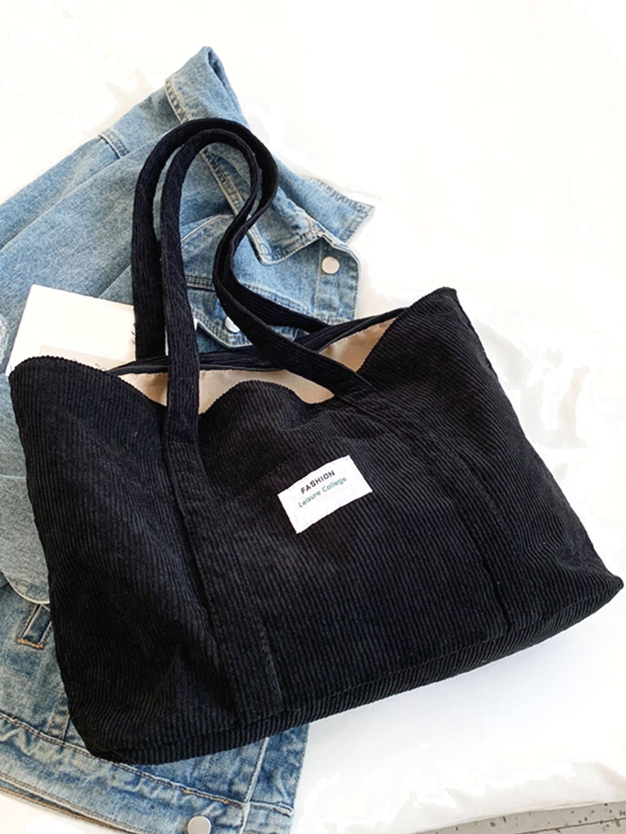 Futurecen - Letter Patch Corduroy Tote Bag  - Women Tote Bags