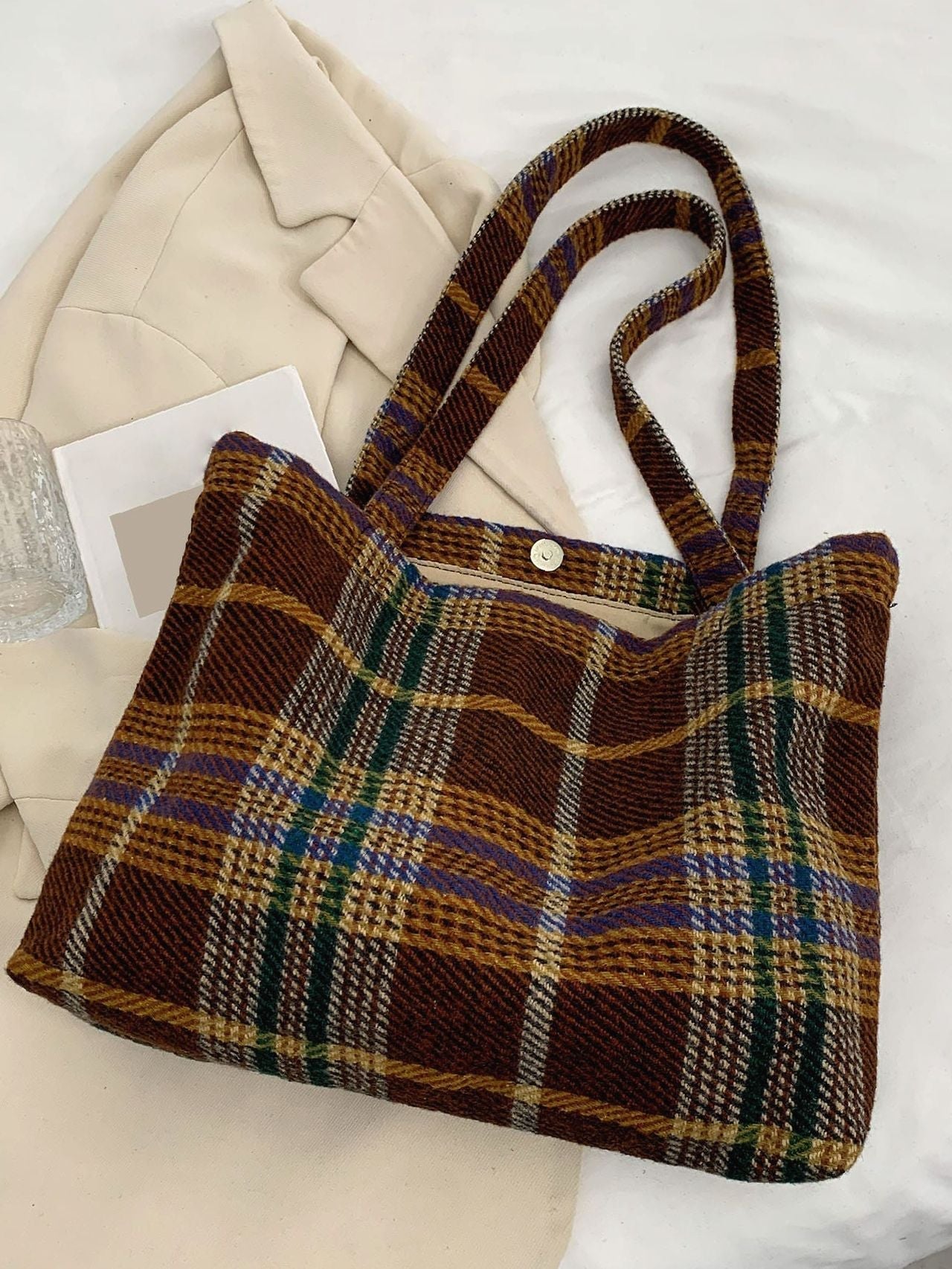 Futurecen - Plaid Pattern Letter Patch Decor Tweed Shoulder Tote Bag  - Women Tote Bags