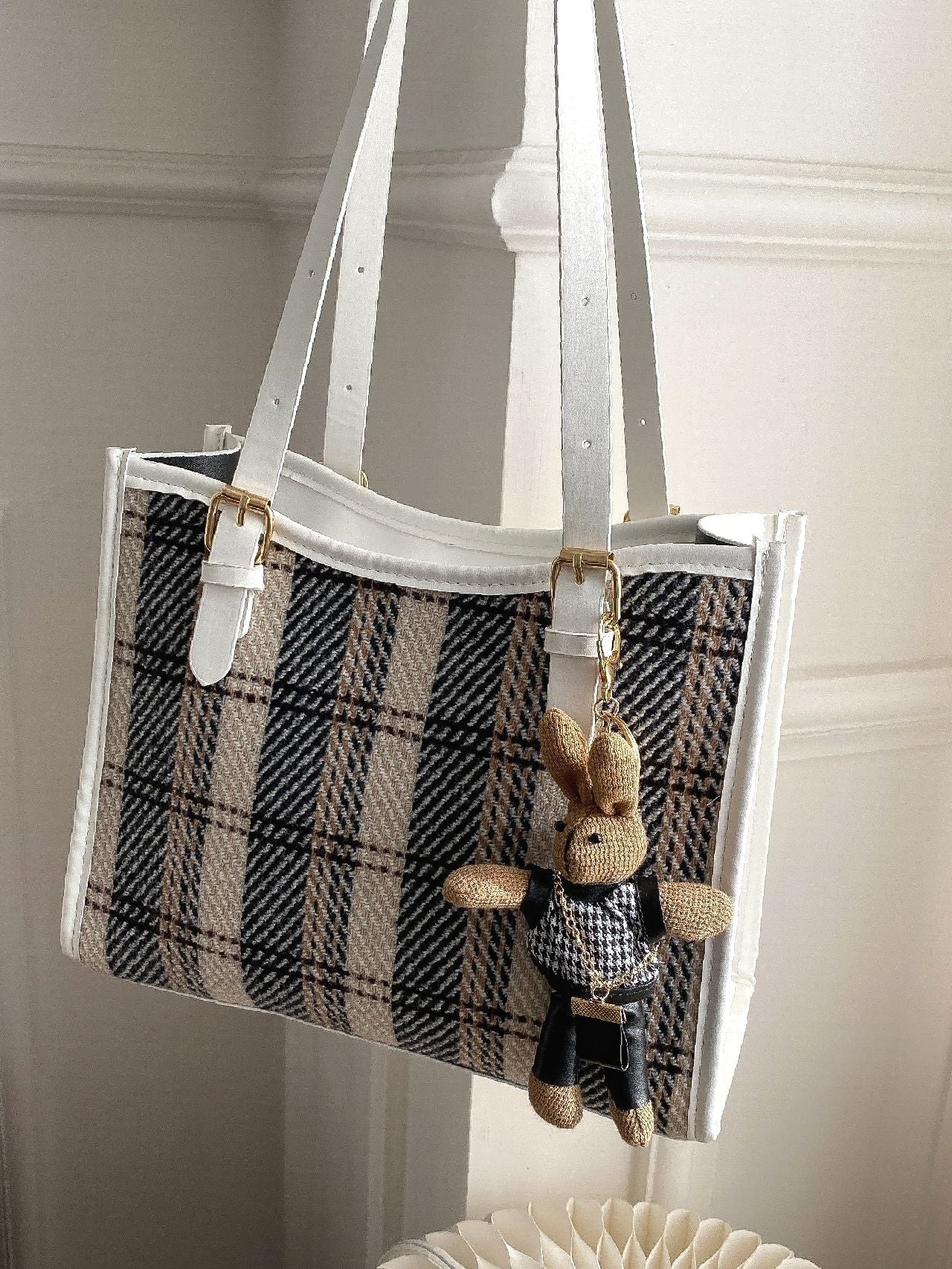 Futurecen - Plaid Pattern Shoulder Tote Bag with Cartoon Bag Charm  - Women Tote Bags