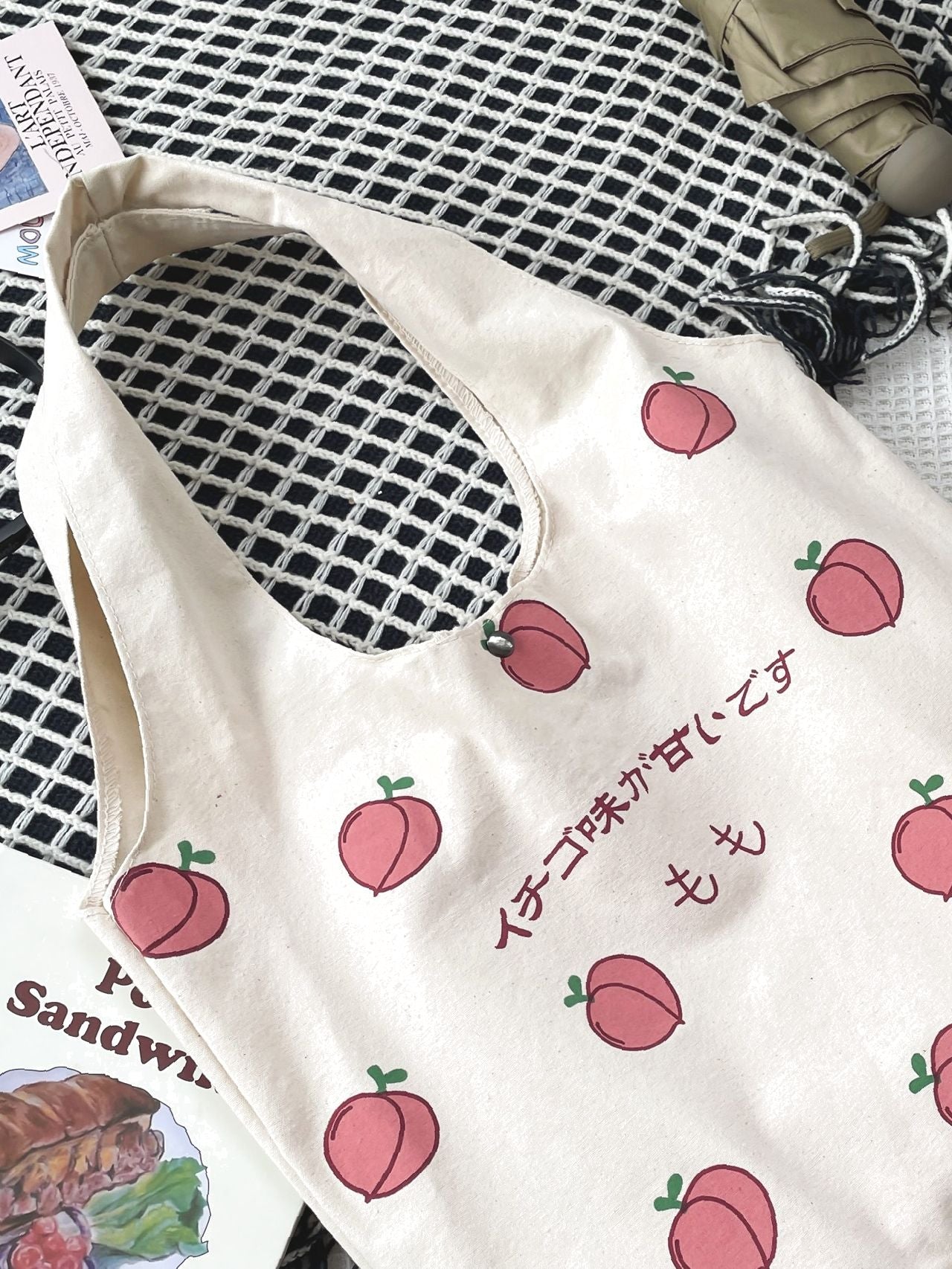 Futurecen - Japanese Letter & Peach Graphic Shopper Bag  - Women Tote Bags