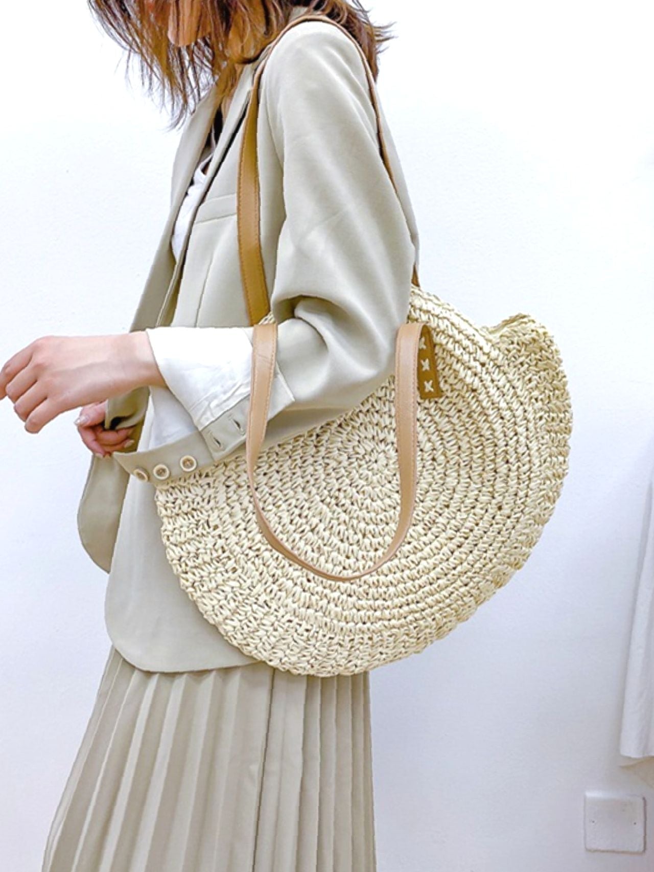 Futurecen - Circle Straw Shoulder Tote Bag  - Women Tote Bags