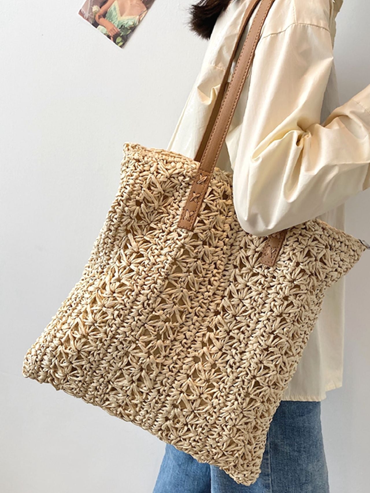 Futurecen - Minimalist Braided Detail Straw Bag  - Women Tote Bags