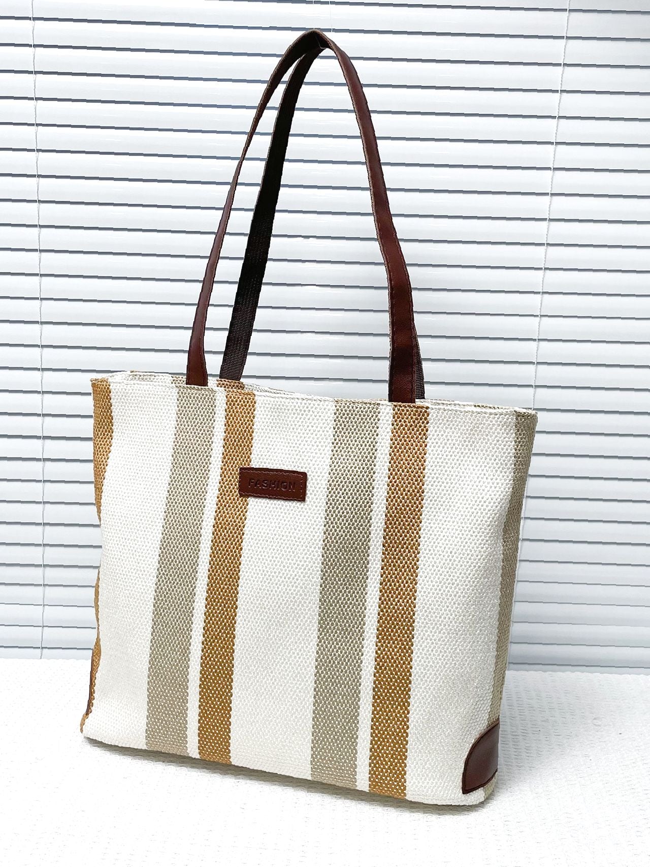 Futurecen - Striped Pattern Letter Patch Shoulder Tote Bag  - Women Tote Bags