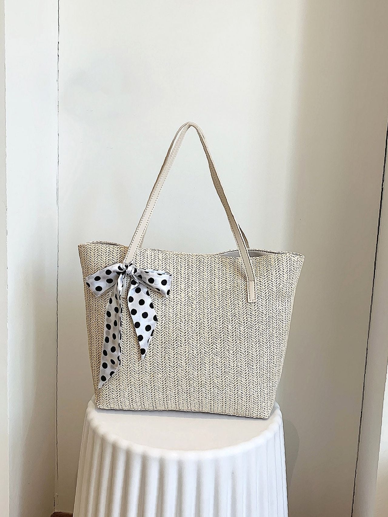 Futurecen - Polka Dot Bow Decor Straw Bag  - Women Tote Bags