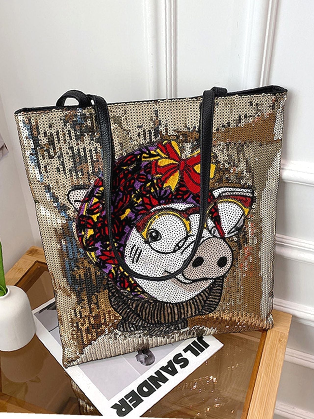 Futurecen - Sequin Decor Cartoon Pig Pattern Shoulder Tote Bag  - Women Tote Bags