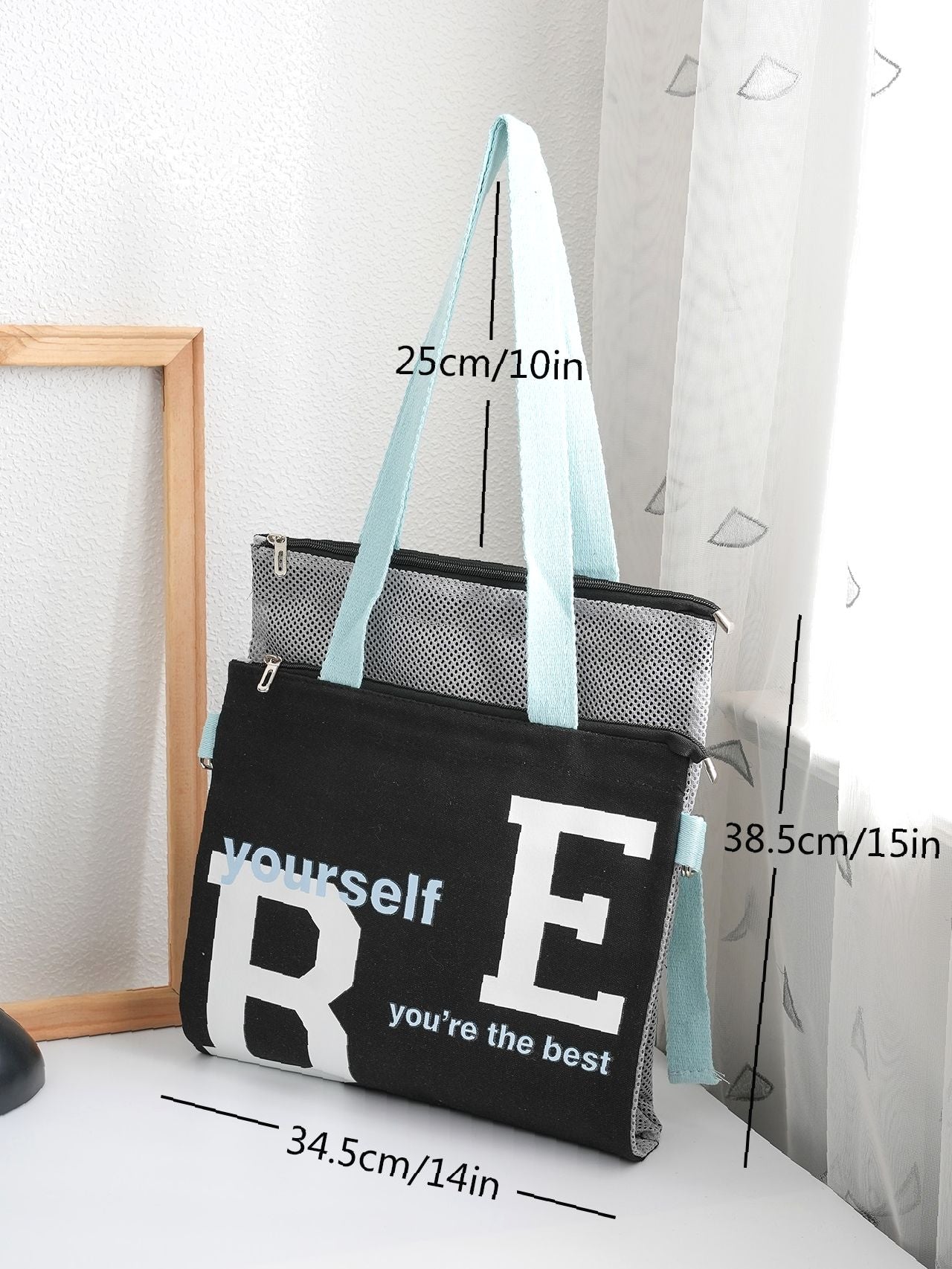 Futurecen - Slogan Graphic Mesh Panel Shoulder Tote Bag  - Women Tote Bags