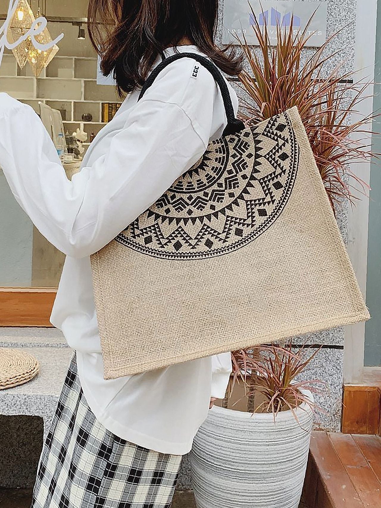 Futurecen - Geometric Print Linen Satchel Bag  - Women Tote Bags