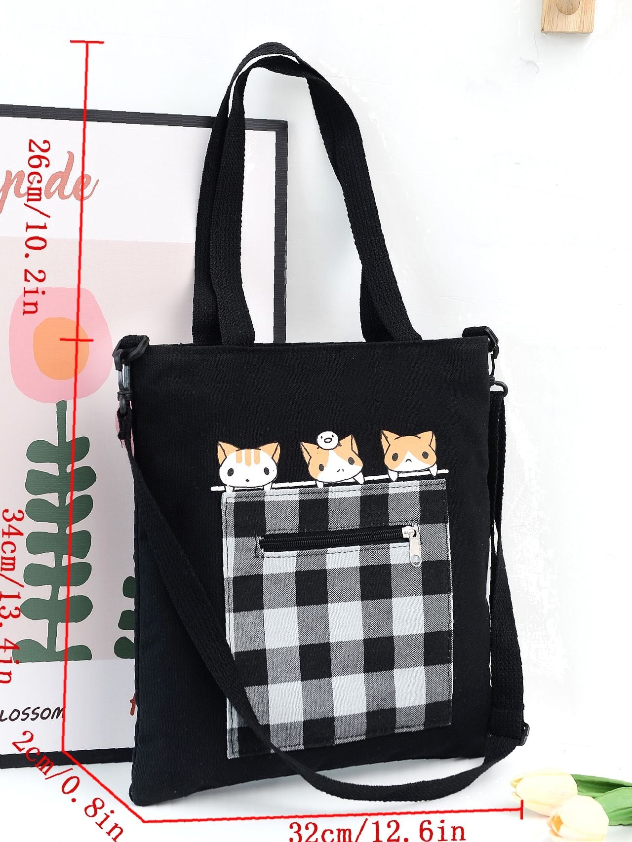 Futurecen - Cartoon & Plaid Pattern Tote Bag  - Women Tote Bags