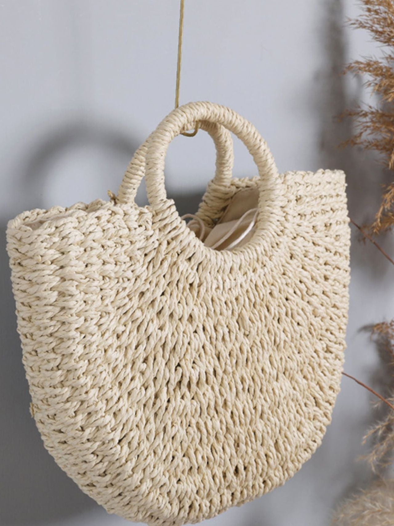 Futurecen - Ring Handle Design Straw Bag  - Women Tote Bags