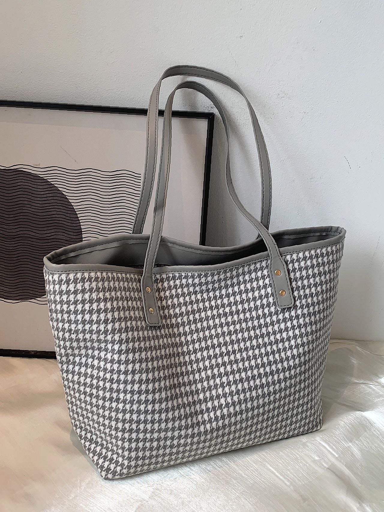 Futurecen - Houndstooth Pattern Shoulder Tote Bag  - Women Tote Bags