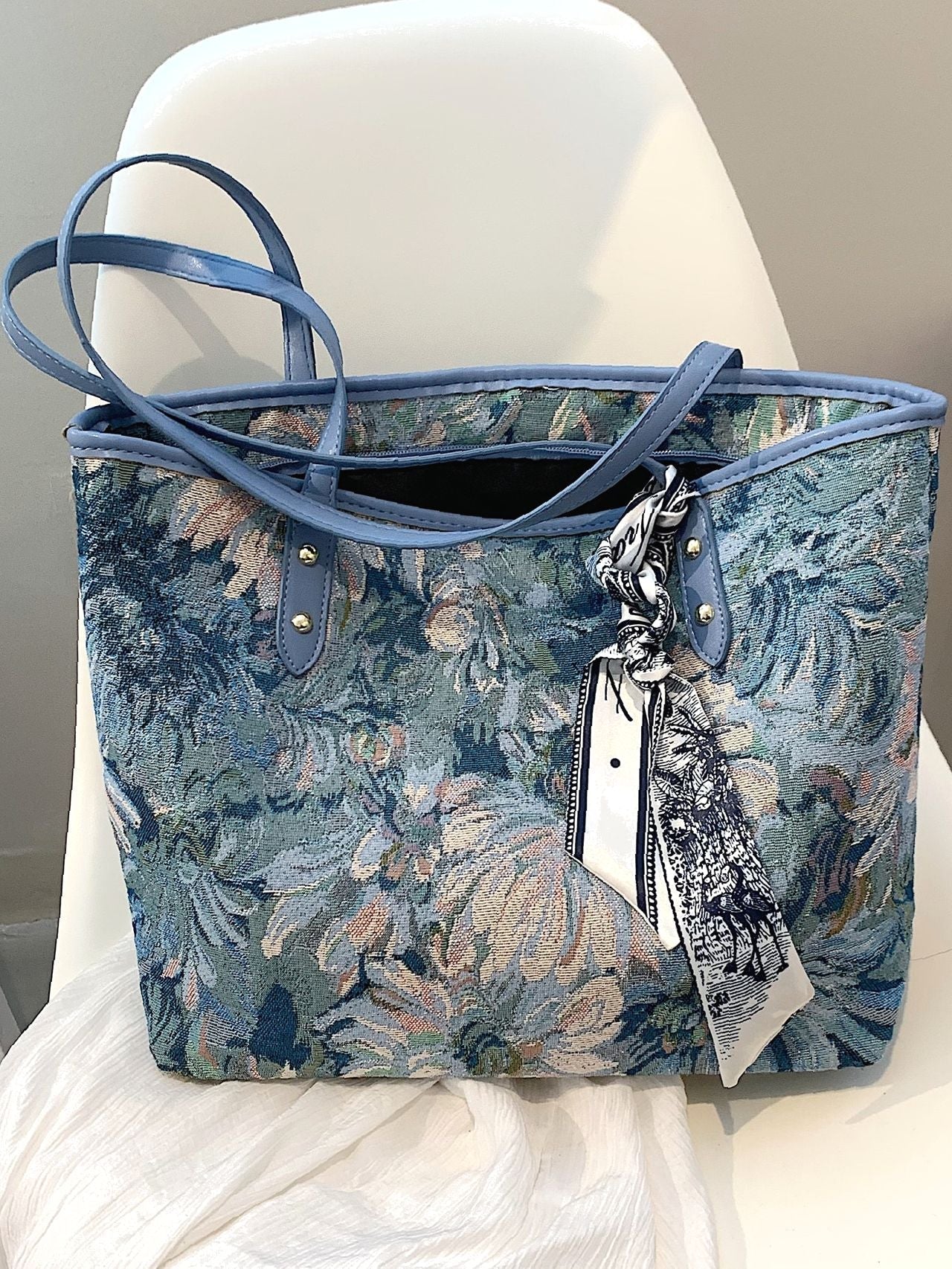 Futurecen - Scarf Decor Floral Pattern Shoulder Tote Bag  - Women Tote Bags