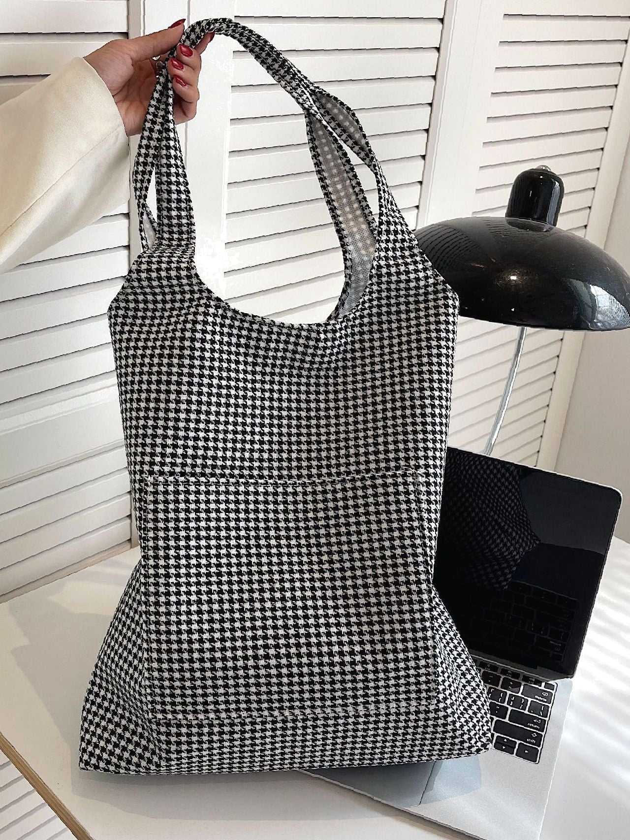 Futurecen - Houndstooth Pattern Large Capacity Shoulder Tote Bag  - Women Tote Bags