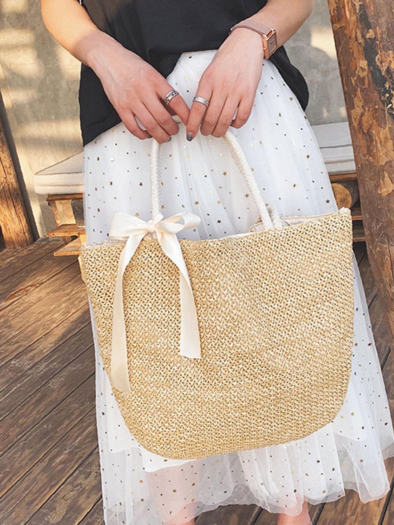 Futurecen - Minimalist Bow Decor Straw Bag  - Women Tote Bags