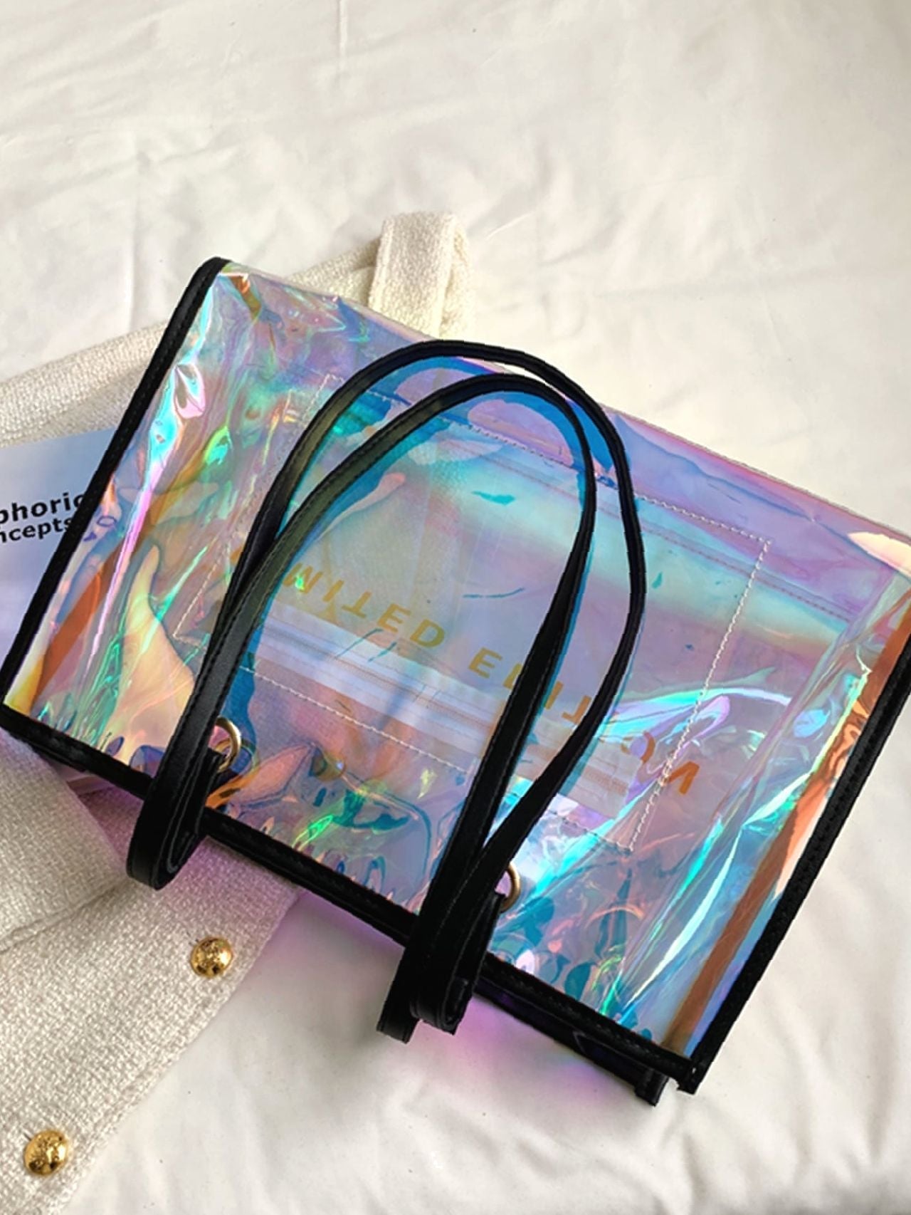 Futurecen - Holographic Pattern Letter Graphic Shoulder Tote Bag  - Women Tote Bags