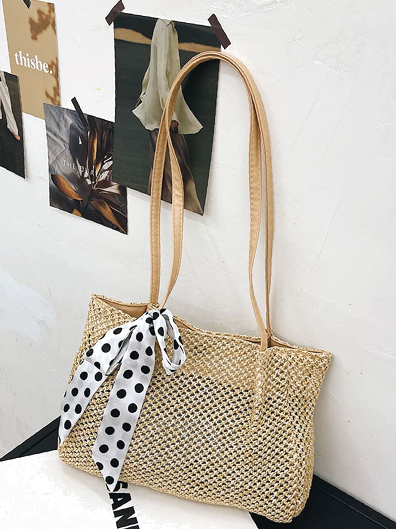 Futurecen - Polka Dot Bow Decor Straw Bag  - Women Tote Bags