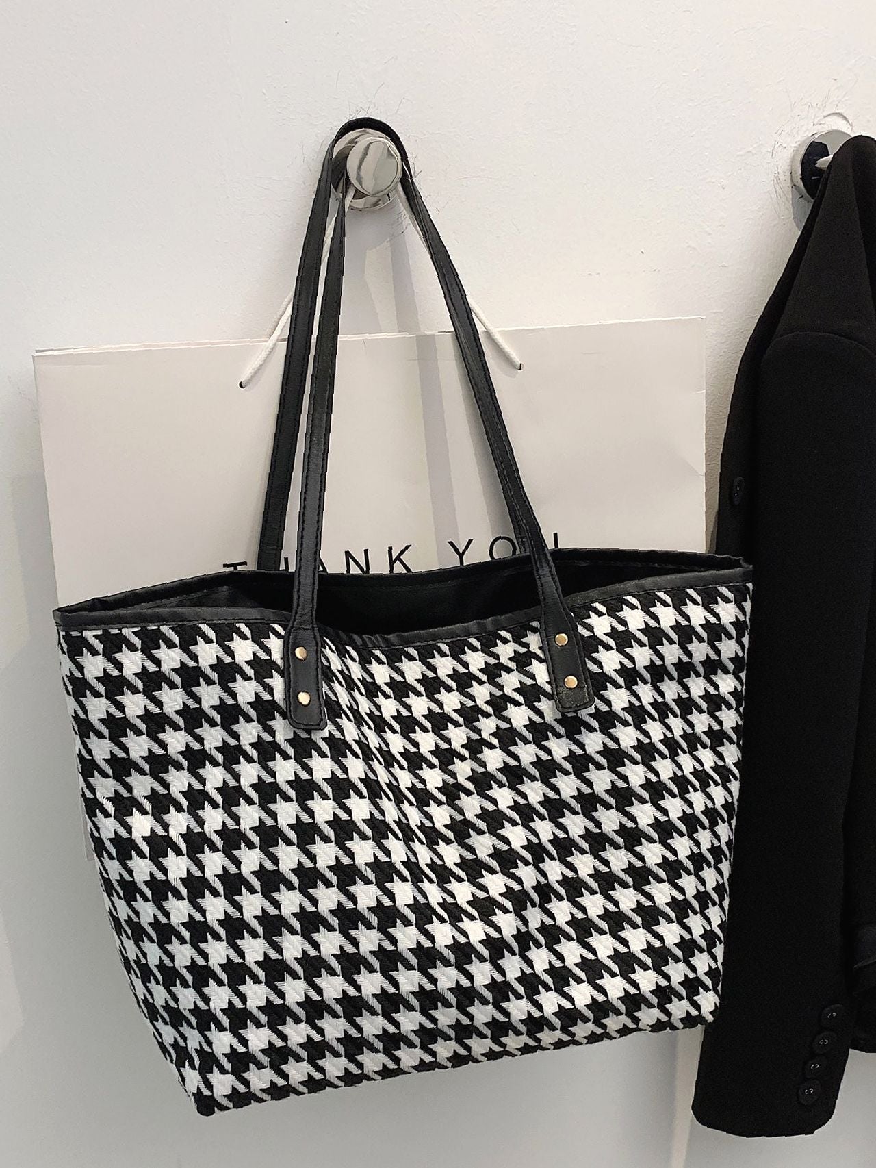 Futurecen - Houndstooth Pattern Shoulder Tote Bag  - Women Tote Bags