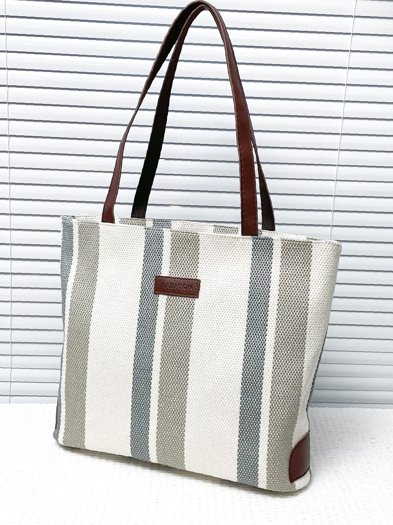 Futurecen - Striped Pattern Letter Patch Shoulder Tote Bag  - Women Tote Bags