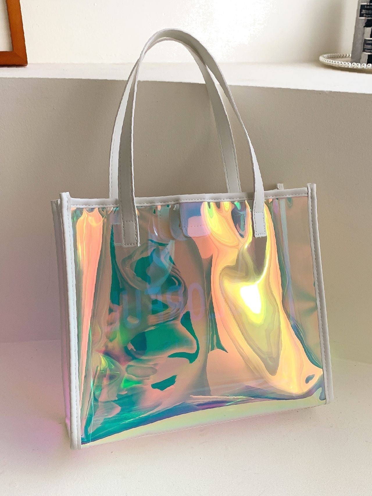 Futurecen - Letter Graphic Holographic Shoulder Tote Bag with Inner Pouch  - Women Tote Bags