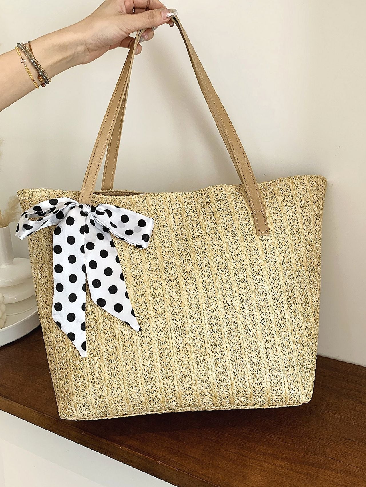 Futurecen - Polka Dot Bow Decor Straw Bag  - Women Tote Bags