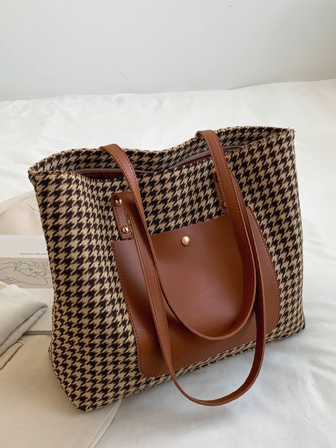 Futurecen - Houndstooth Pattern Studded Detail Shoulder Tote Bag  - Women Tote Bags