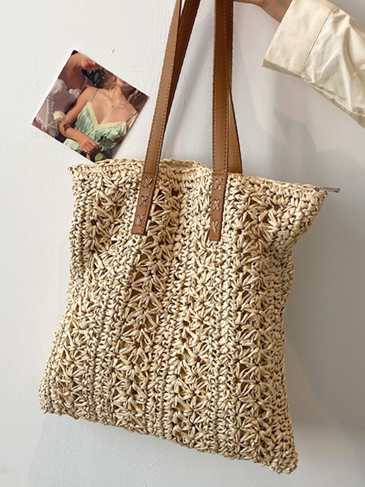 Futurecen - Minimalist Braided Detail Straw Bag  - Women Tote Bags