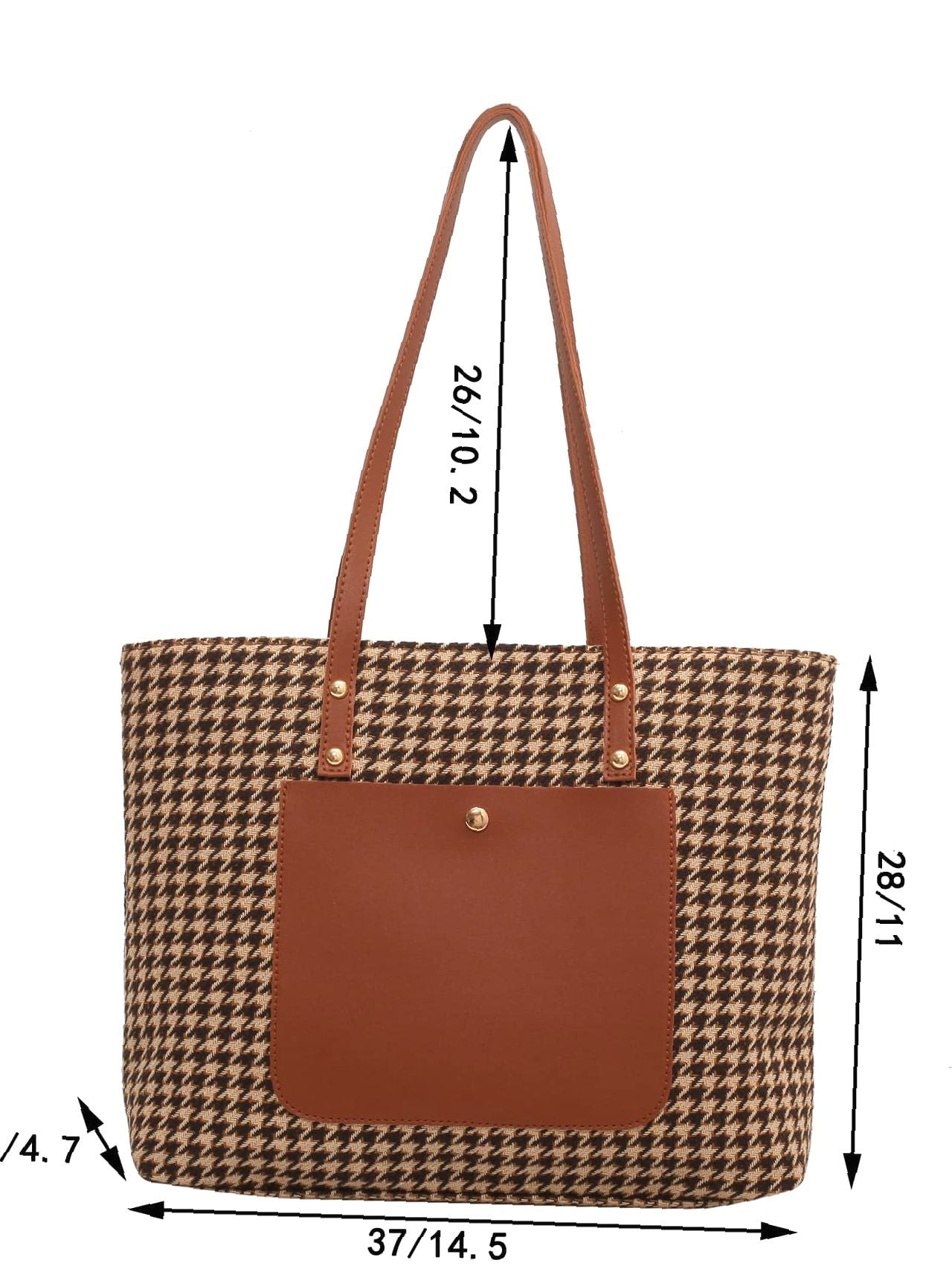 Futurecen - Houndstooth Pattern Studded Detail Shoulder Tote Bag  - Women Tote Bags