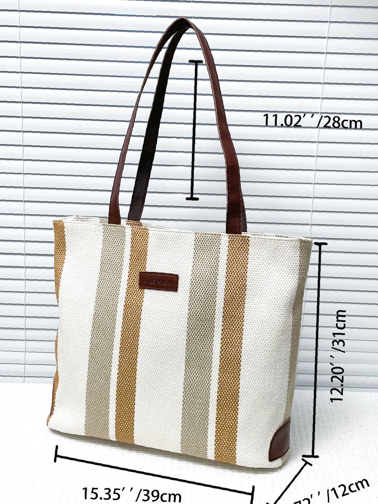 Futurecen - Striped Pattern Letter Patch Shoulder Tote Bag  - Women Tote Bags