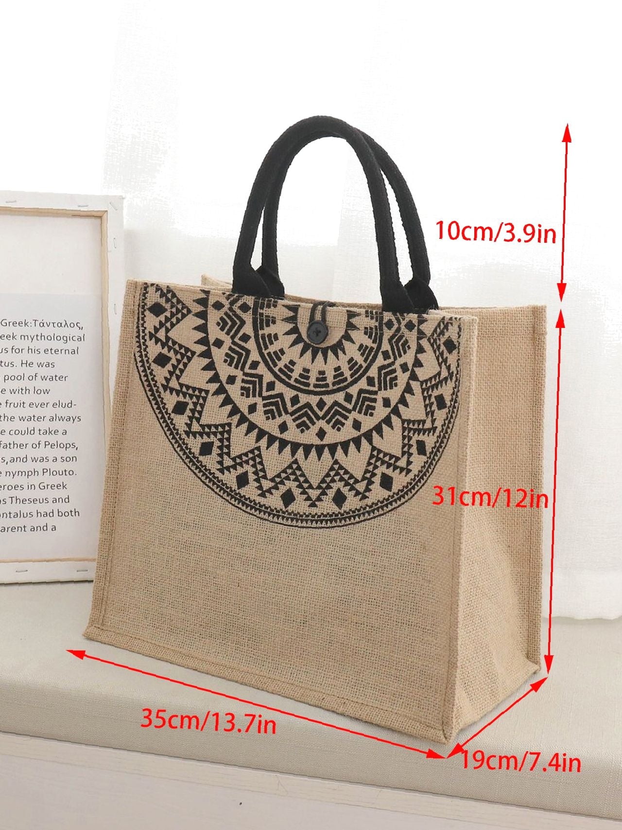 Futurecen - Geometric Print Linen Satchel Bag  - Women Tote Bags