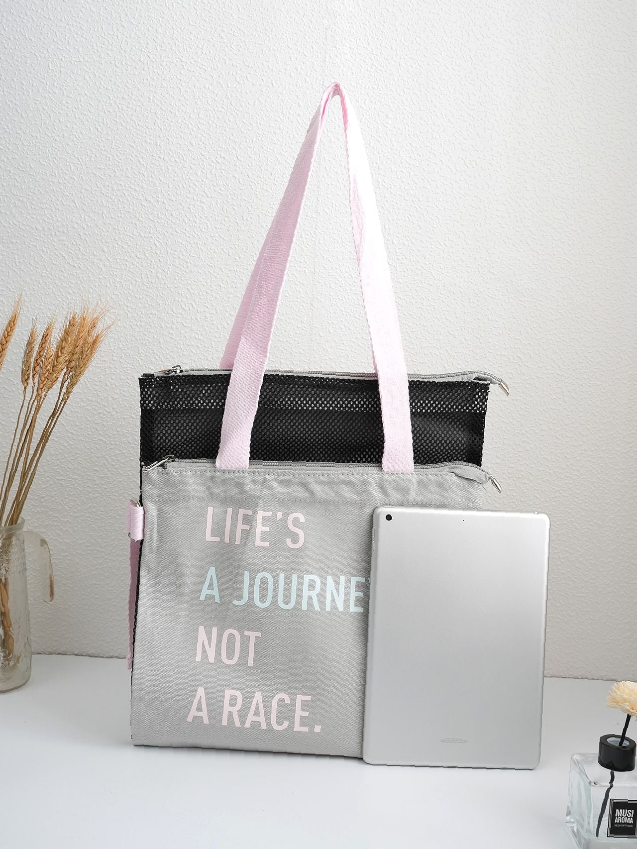 Futurecen - Slogan Graphic Mesh Panel Shoulder Tote Bag  - Women Tote Bags