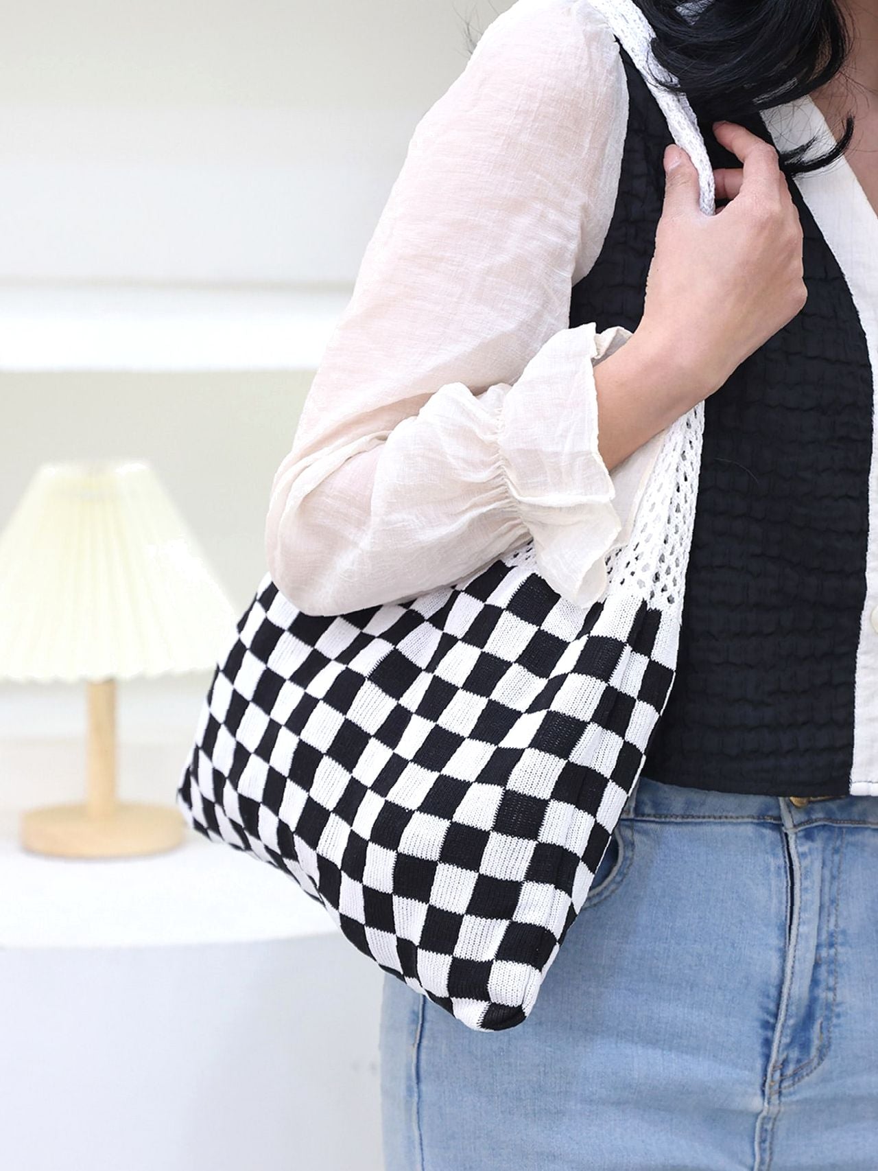 Futurecen - Checkered Pattern Crochet Bag  - Women Tote Bags