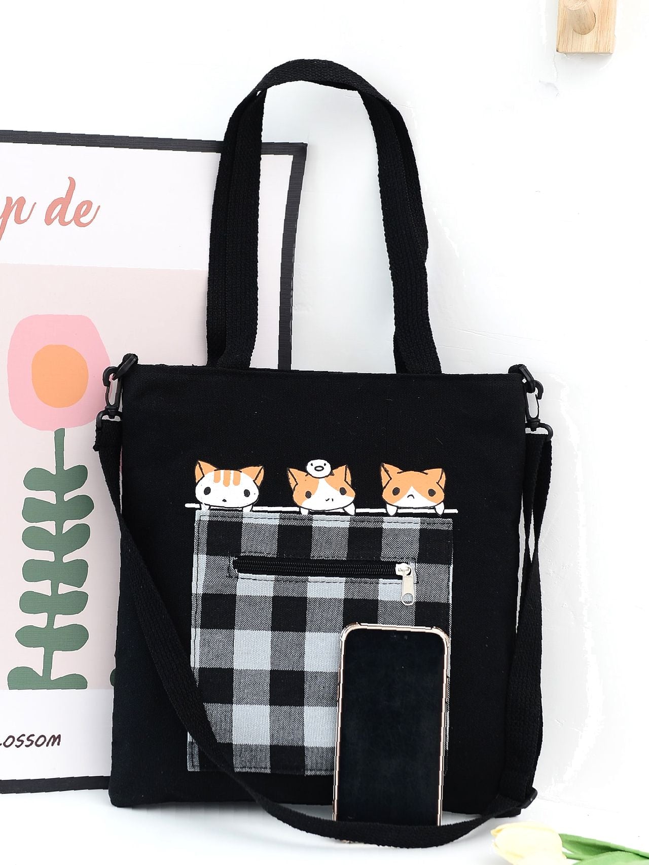 Futurecen - Cartoon & Plaid Pattern Tote Bag  - Women Tote Bags