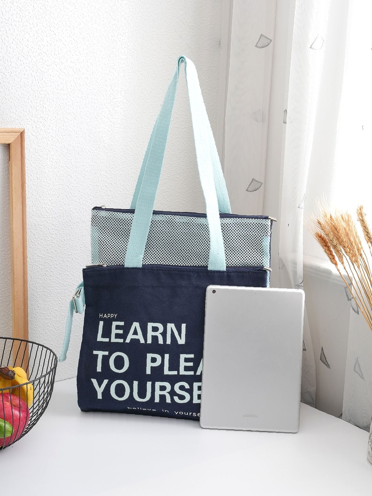 Futurecen - Slogan Graphic Mesh Panel Shoulder Tote Bag  - Women Tote Bags