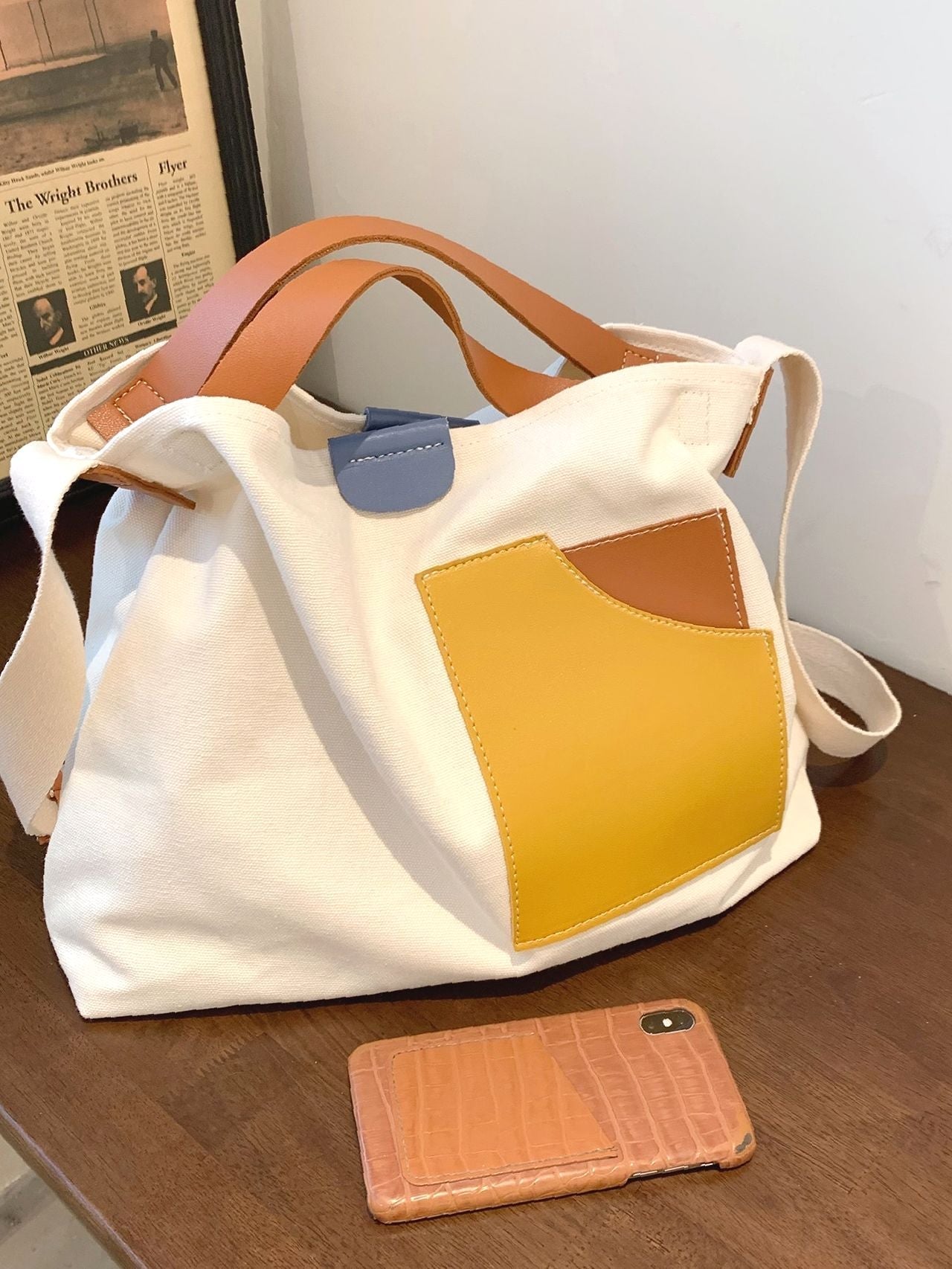 Futurecen - Colorblock Canvas Top Handle Tote Bag  - Women Tote Bags