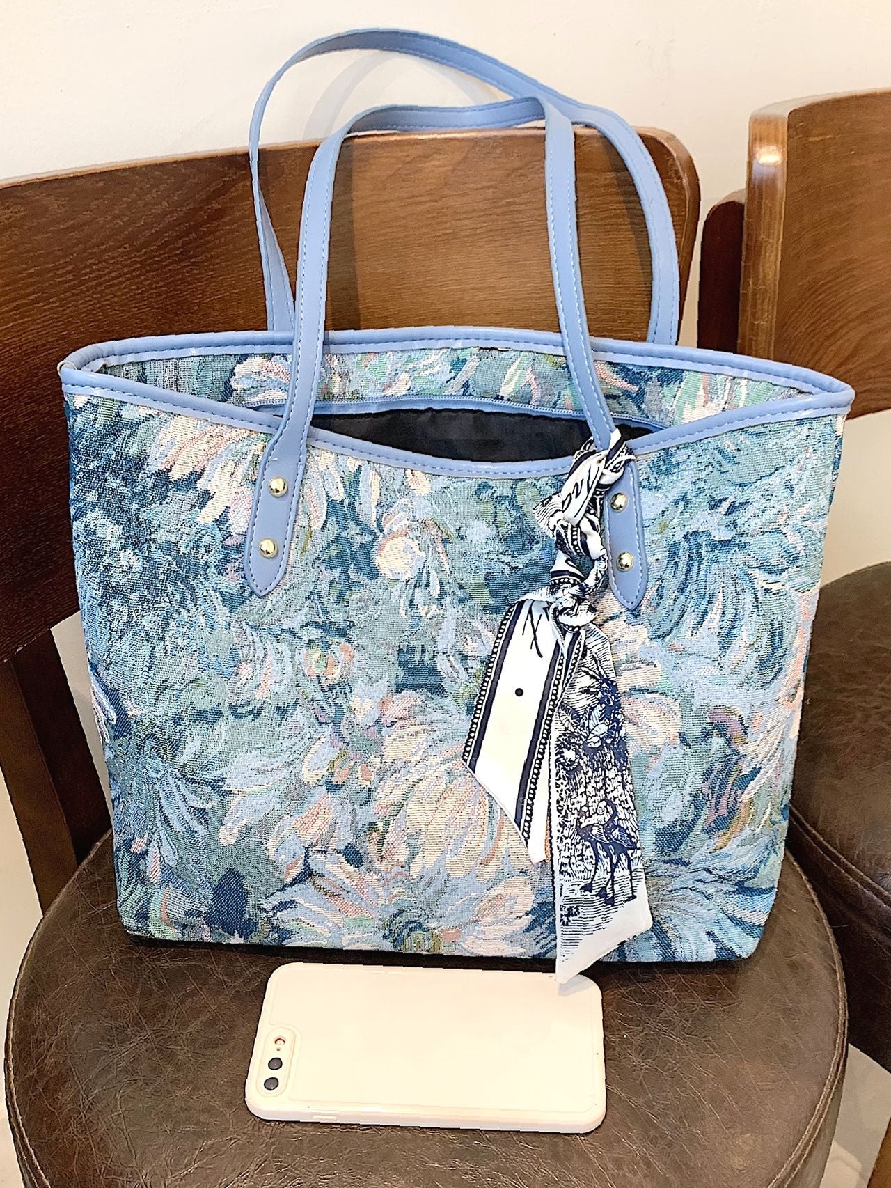 Futurecen - Scarf Decor Floral Pattern Shoulder Tote Bag  - Women Tote Bags