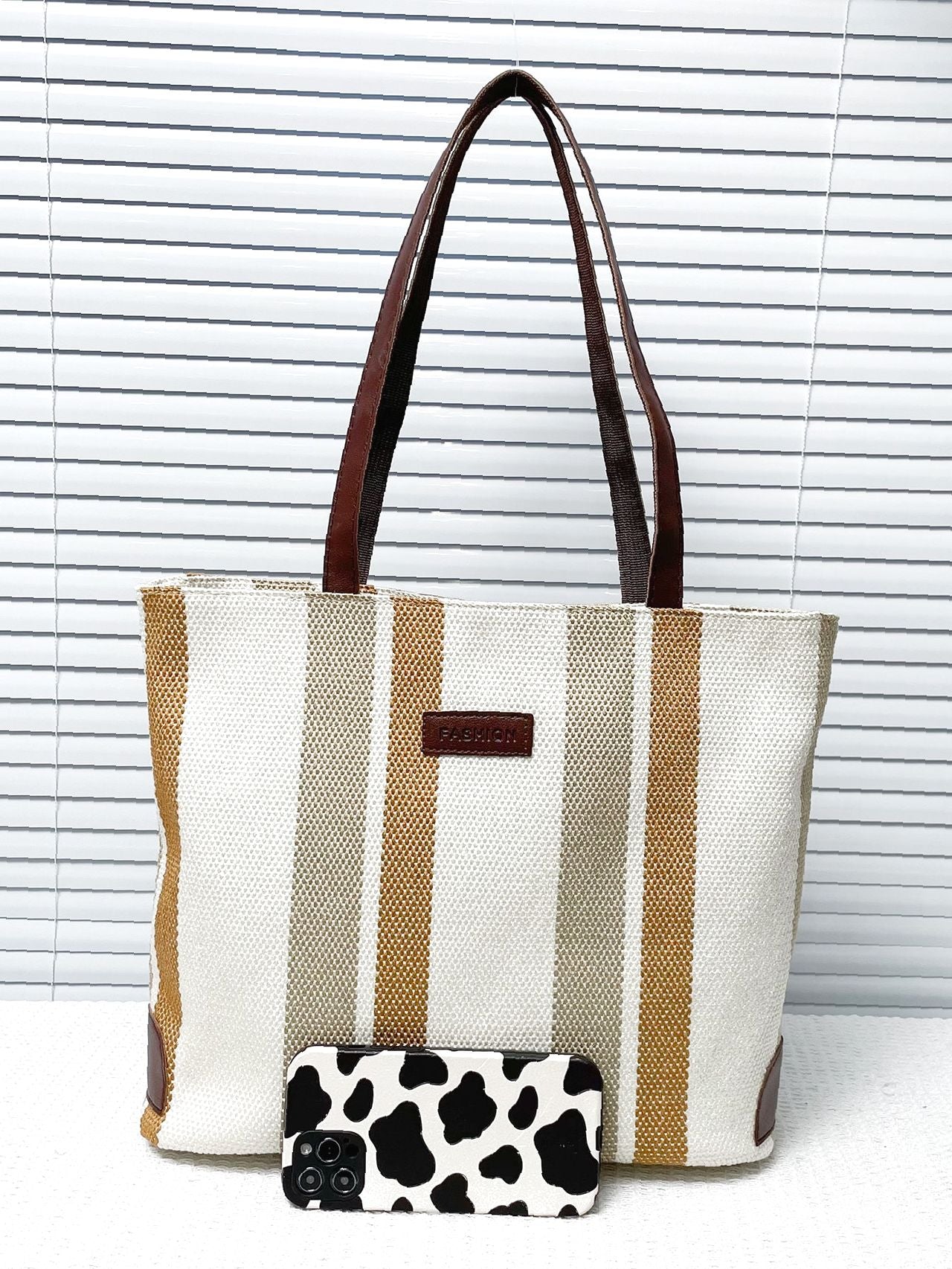 Futurecen - Striped Pattern Letter Patch Shoulder Tote Bag  - Women Tote Bags