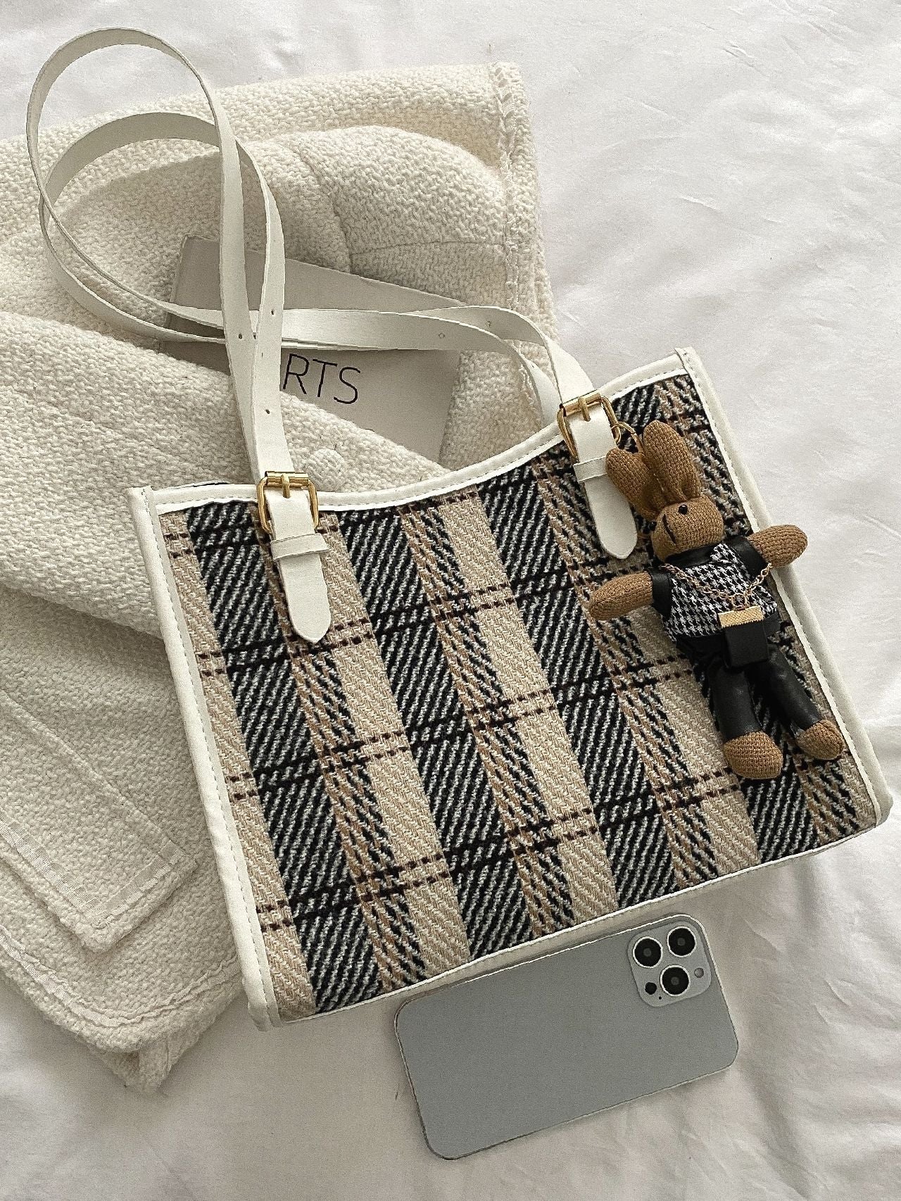 Futurecen - Plaid Pattern Shoulder Tote Bag with Cartoon Bag Charm  - Women Tote Bags