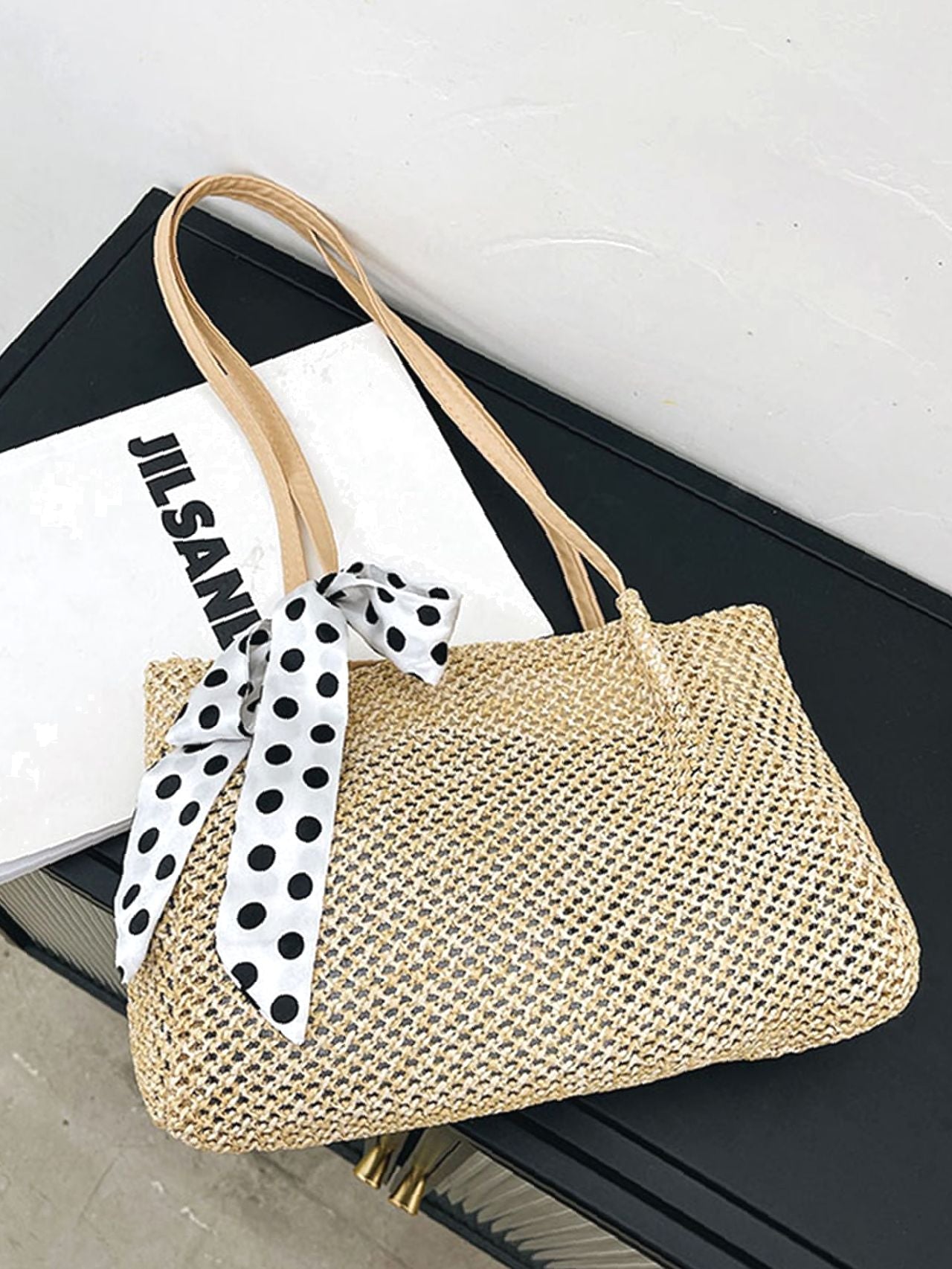 Futurecen - Polka Dot Bow Decor Straw Bag  - Women Tote Bags