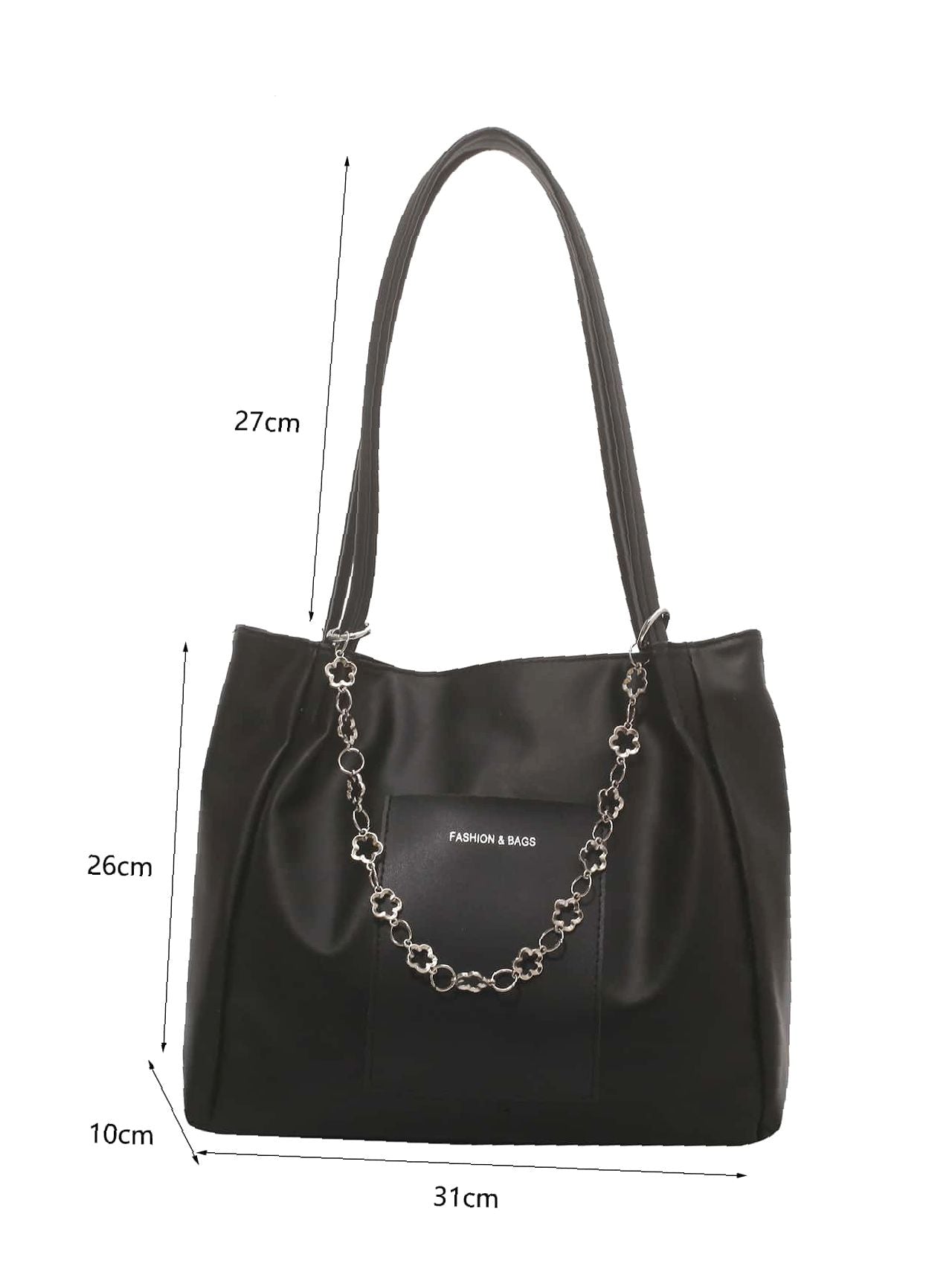 Futurecen - Letter Graphic Two Tone Chain Decor Shoulder Tote Bag  - Women Tote Bags