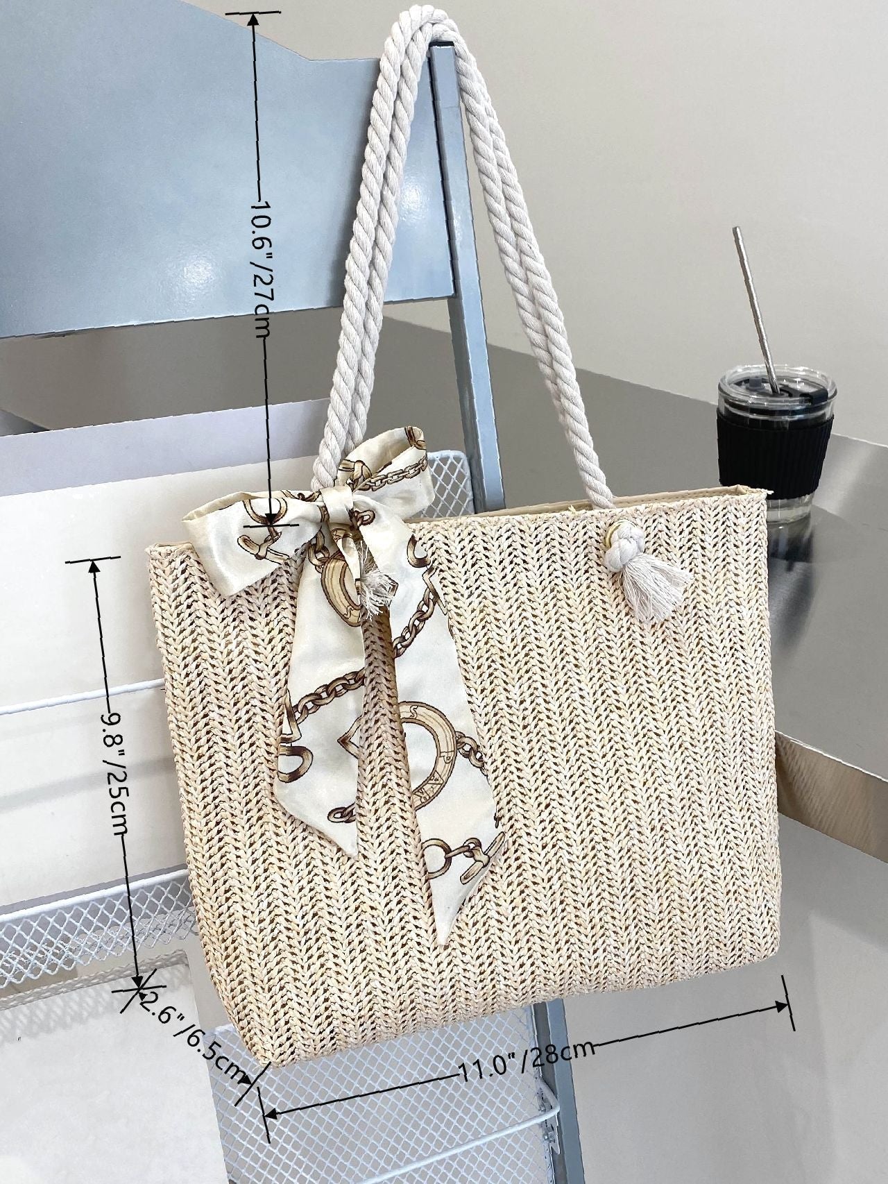 Futurecen - Twilly Scarf Decor Straw Bag  - Women Tote Bags