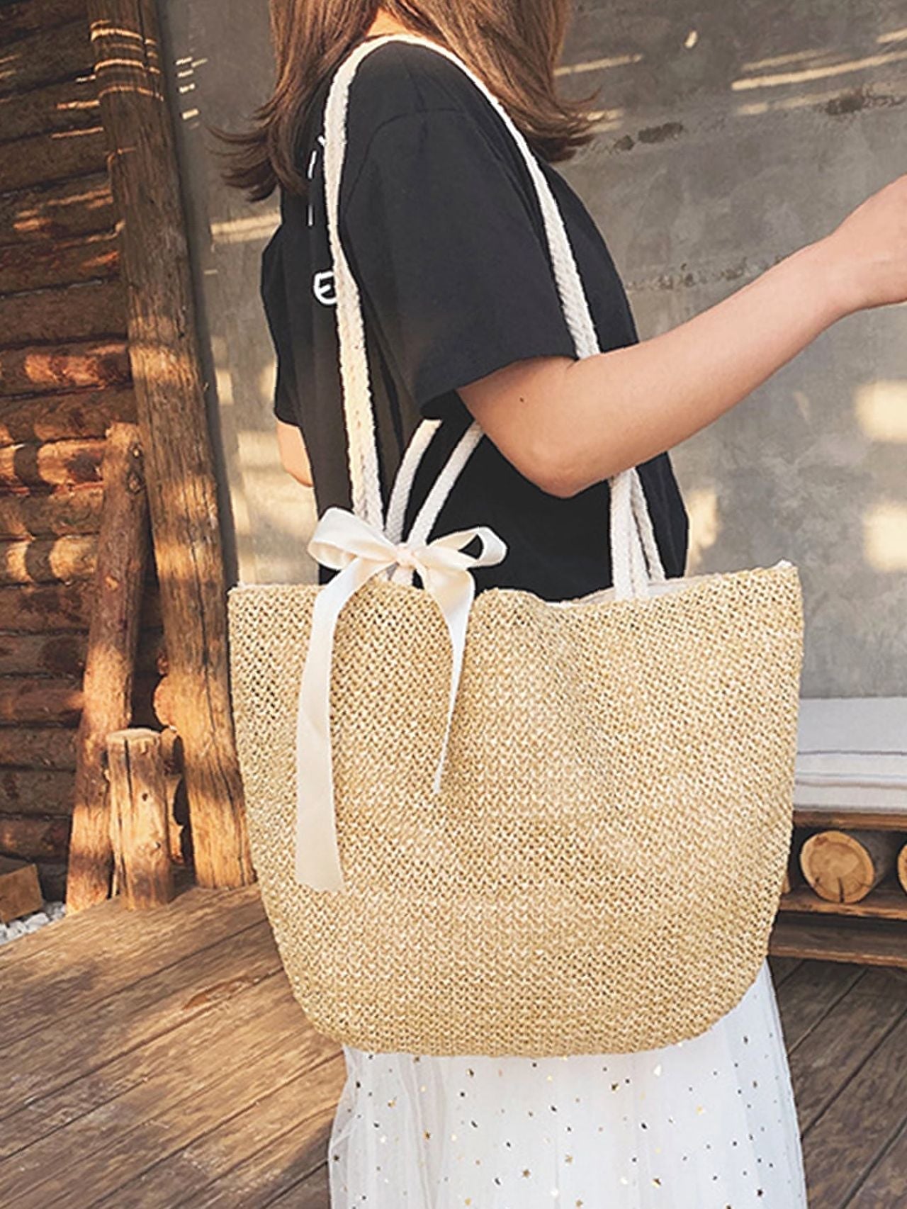 Futurecen - Minimalist Bow Decor Straw Bag  - Women Tote Bags