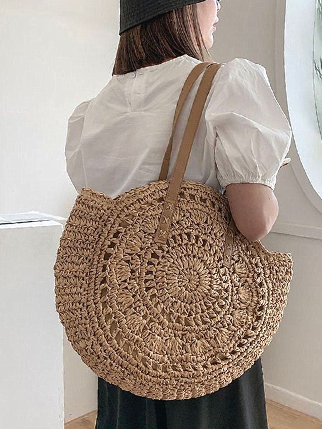 Futurecen - Hollow Out Circle Straw Bag  - Women Tote Bags